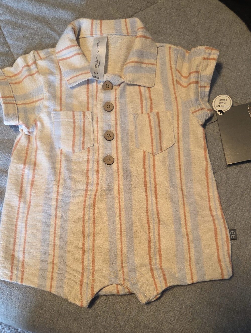 NWT! Gerber Cream Romper with Peach and Light Blue Stripes